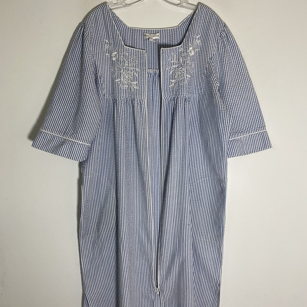 Miss‎ Elaine Housecoat Womens Large Blue White Striped Embroidered Seersucker L - Picture 14 of 16